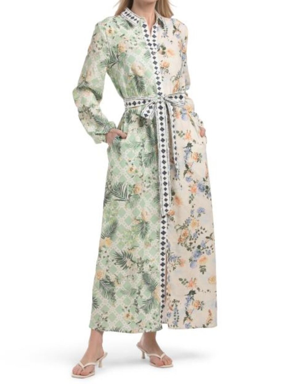 MAGASCHONI Linen Blend Button Front Collared Shirt Dress With Elastic Cuffs